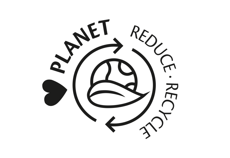 Símbolo preto com coração, planeta estilizado, folha, setas e texto PLANET REDUCE RECYCLE
