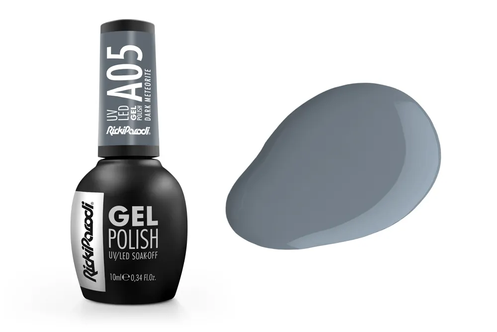 Verniz gel preto com frasco com rótulos e amostra da cor cinza azulado