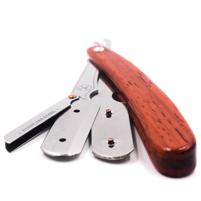 Navalha dobrável com cabo de madeira e lâmina em aço inox