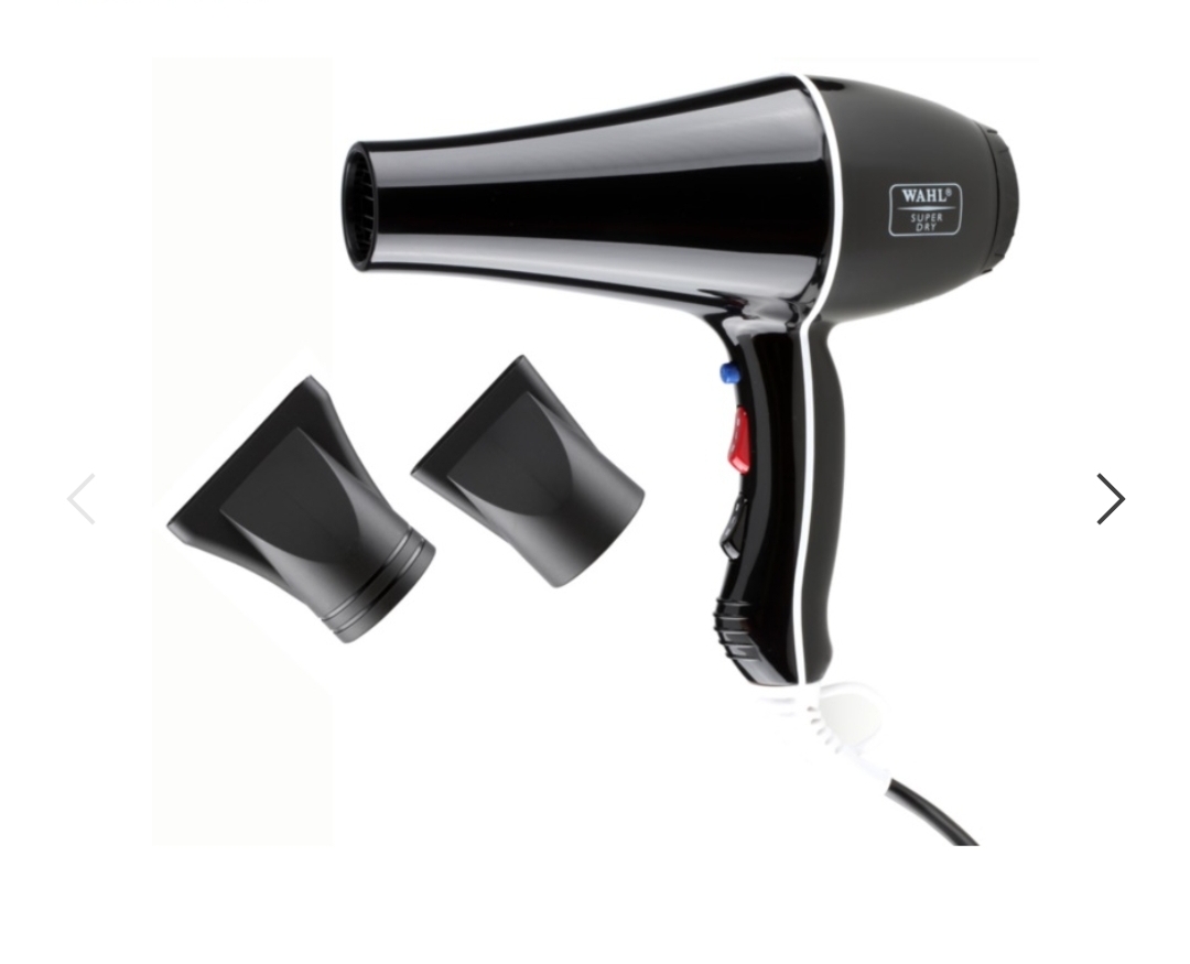 Secador de cabelo preto com duas bocas direcionadoras pretas e texto WAHL 5367