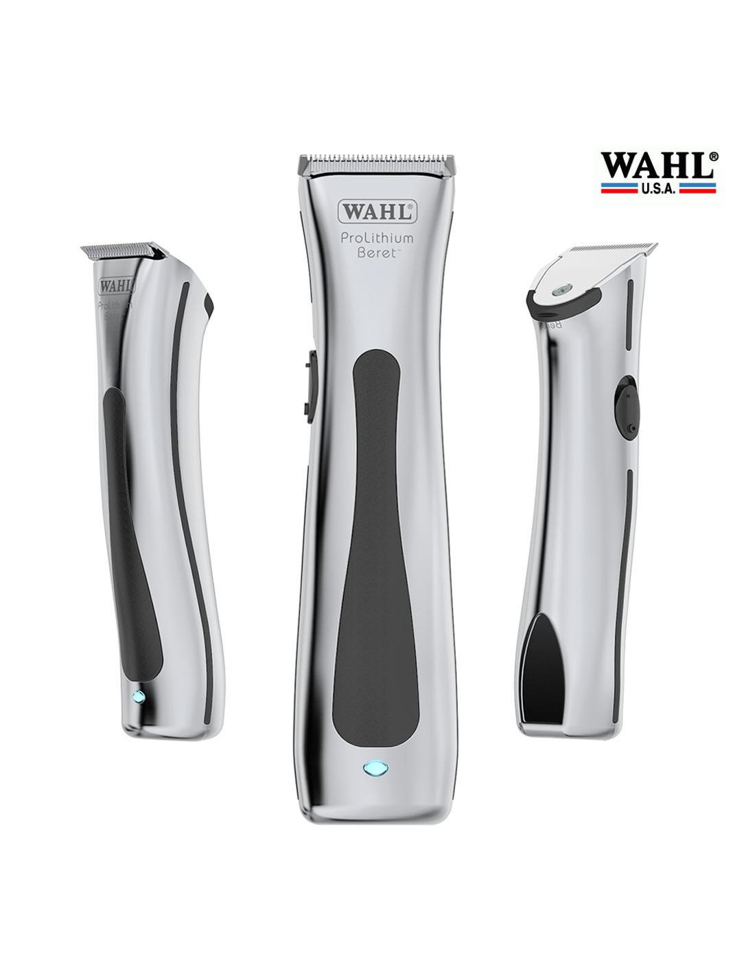 Três máquinas de cortar cabelo WAHL em aço inoxidável e preto sobre fundo branco