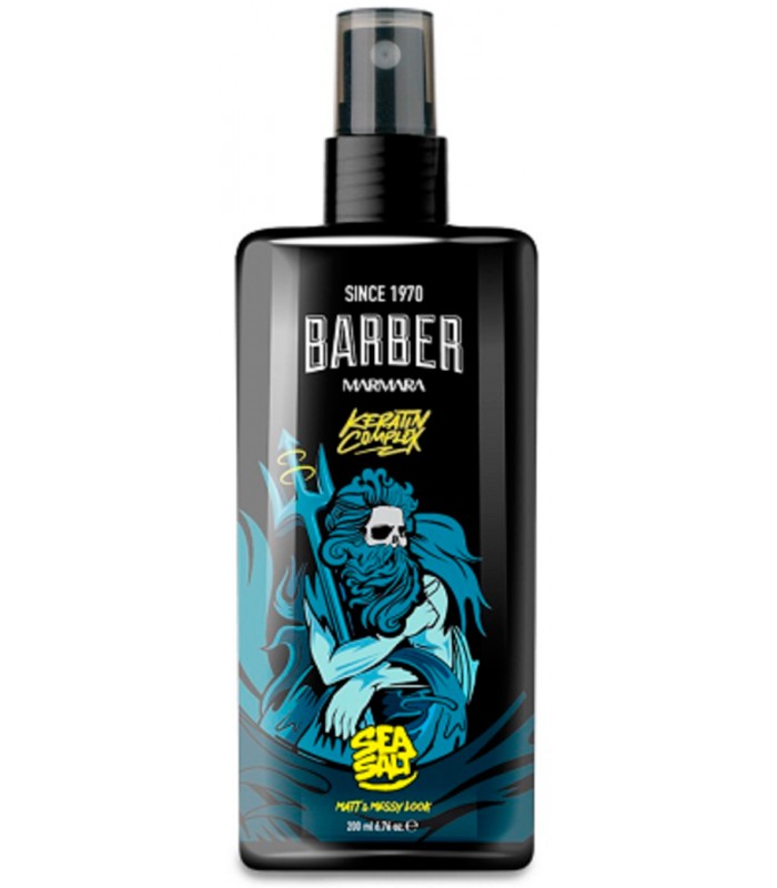 Frasco preto de spray para cabelo com design azul e texto branco