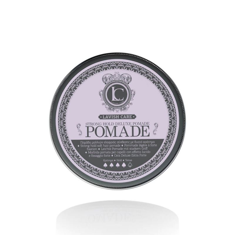 Frasco redondo de pomada para cabelo Lavish Care Pomade com rótulo lilás e cinza