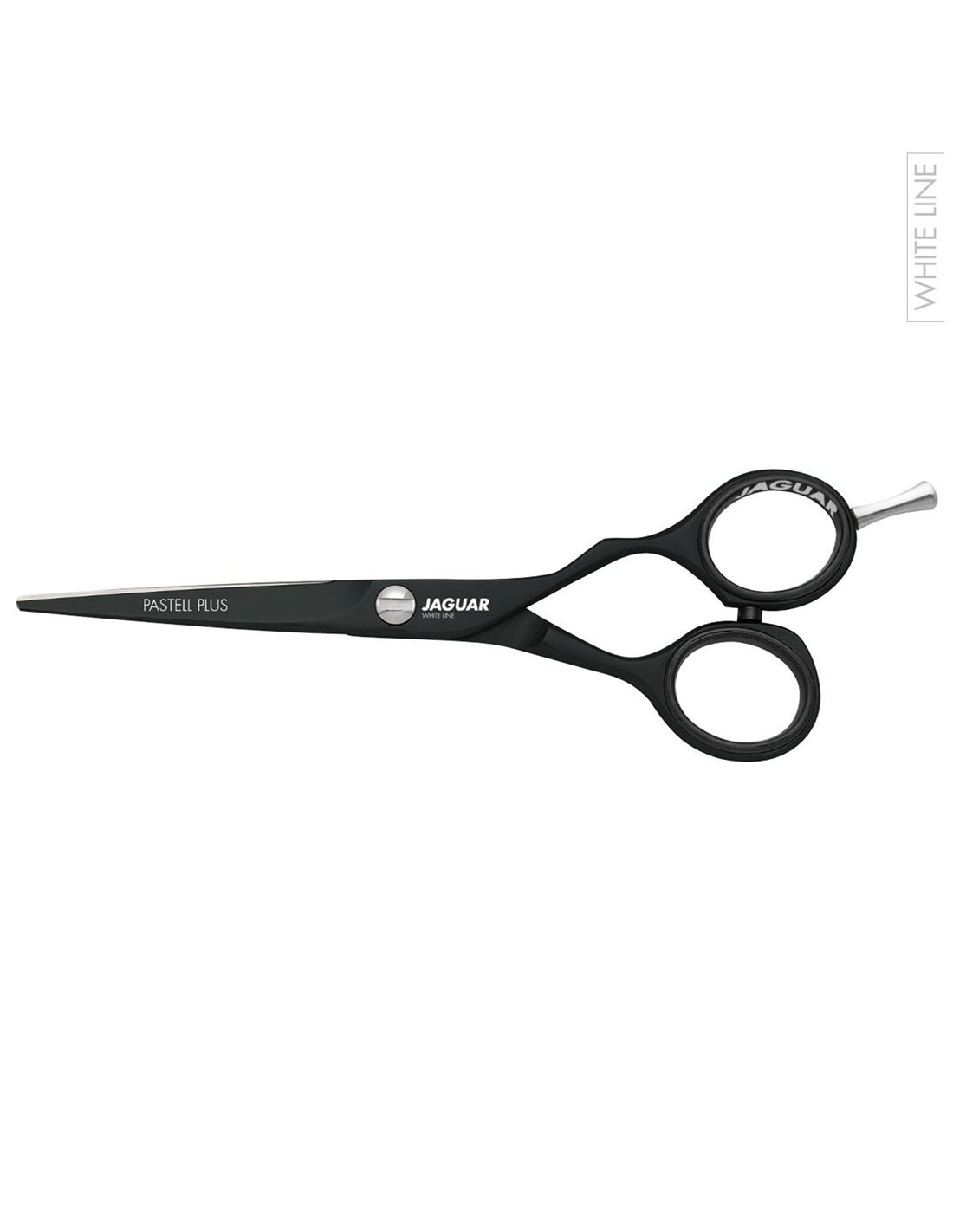 Tesoura preta para cabelo com lâmina fina e dois orifícios para dedos