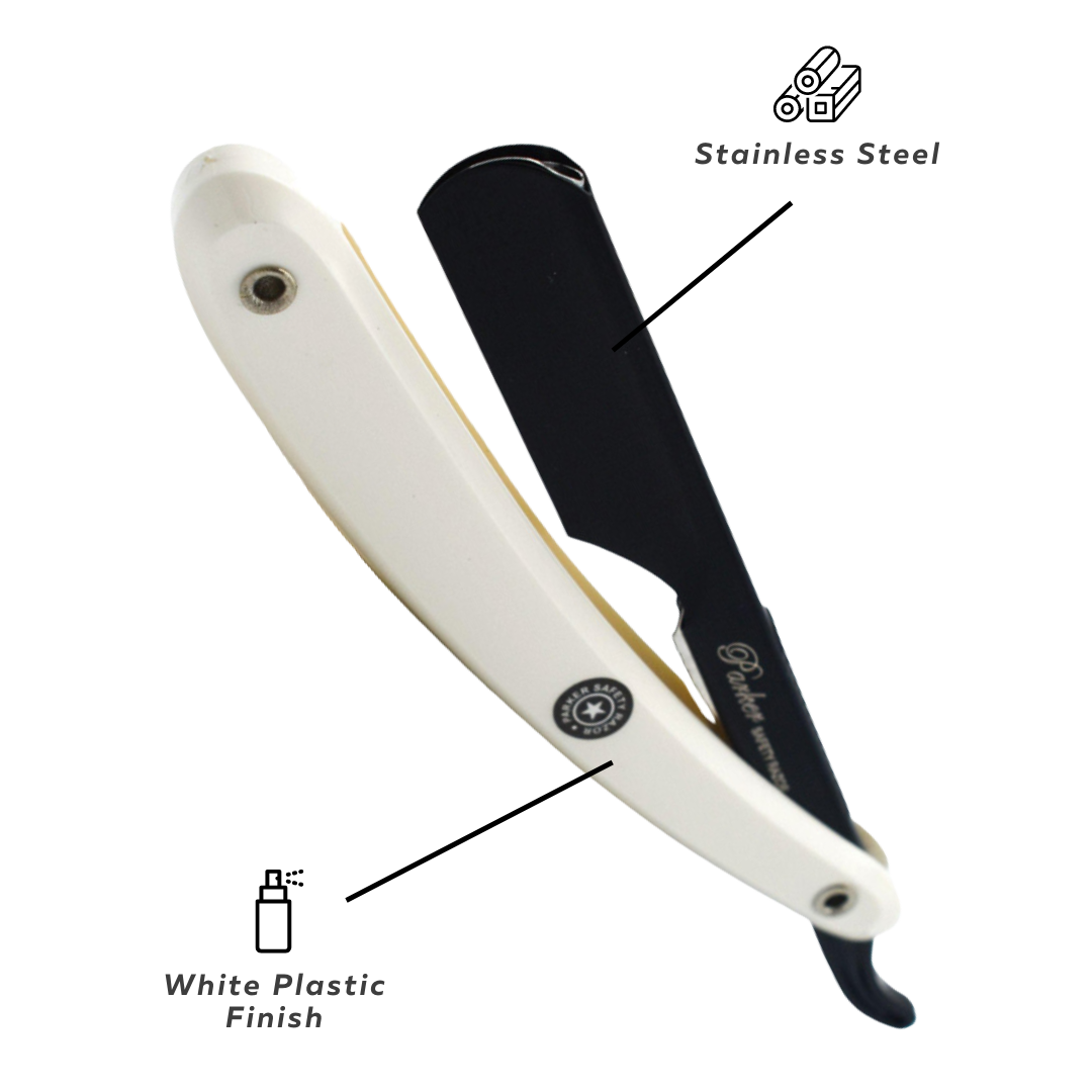 Navalha de barbear com cabo branco em plástico e lâmina preta