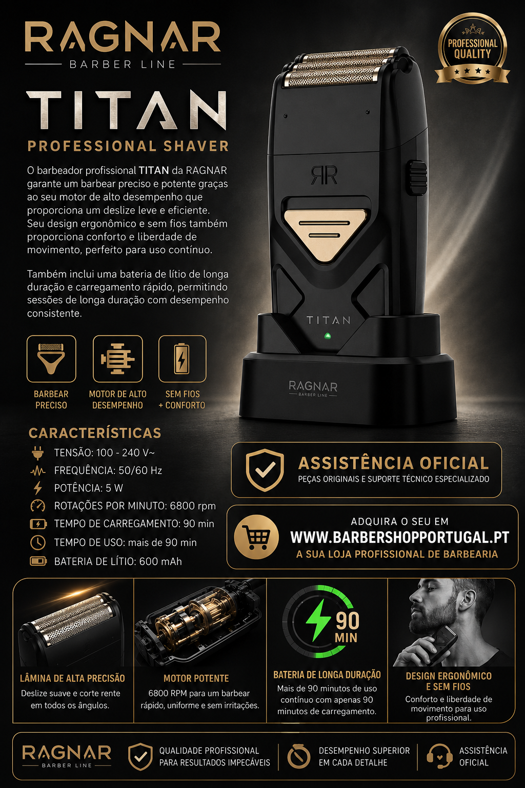 Barbeador profissional RAGNAR TITAN preto e dourado em base de carregamento com informações técnicas e texto em português.