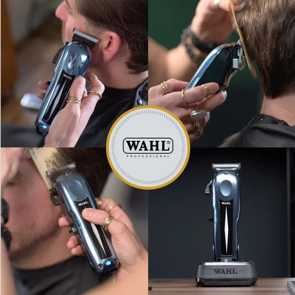 Aparador de cabelo Wahl Professional preto e prateado em uso e em base de carregamento