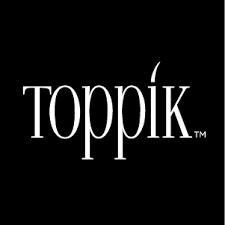 Logotipo da marca toppik em branco sobre fundo preto