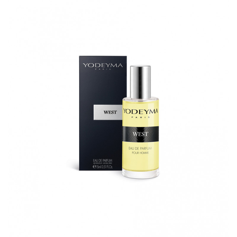 Perfume Yodeyma Paris West com embalagem preta e rótulo branco