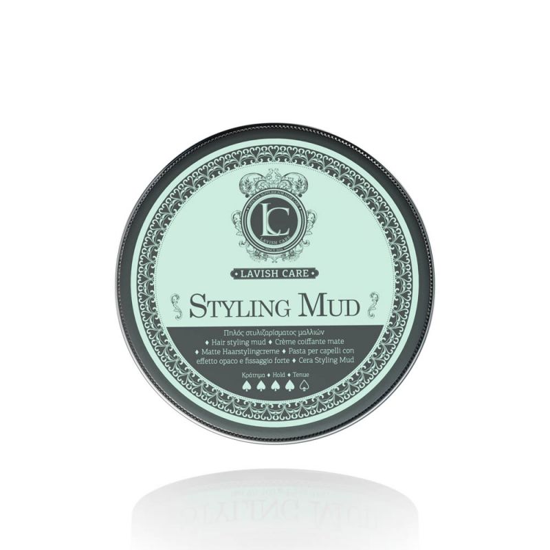 Pote verde-água de Styling Mud da Lavish Care com texto em preto sobre fundo branco