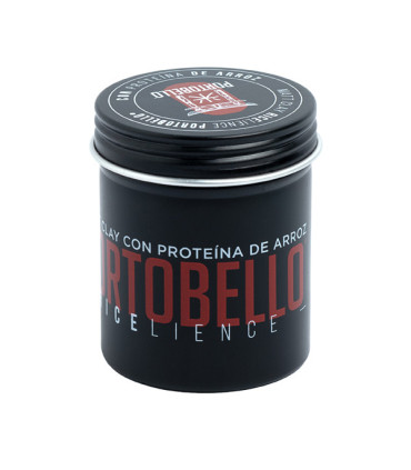 Frasco preto de clay para cabelo com texto em branco e vermelho