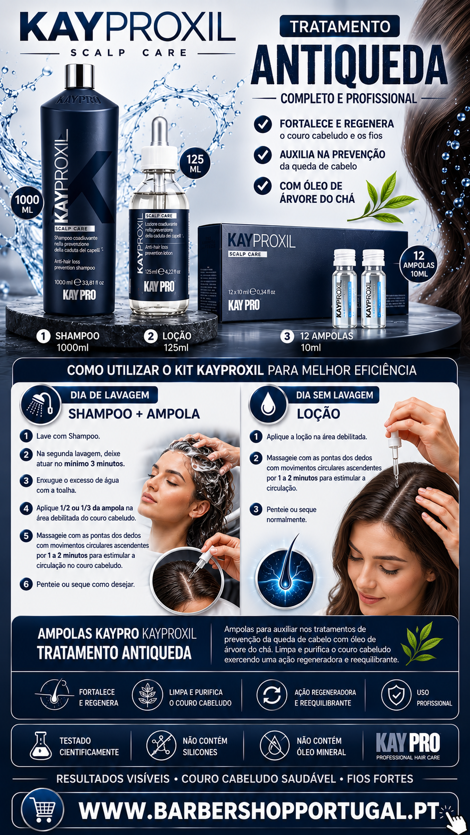 Produtos Kayproxil tratamento antiqueda com shampoo, loção e ampolas em tom azul e branco com fundo água e cabelo