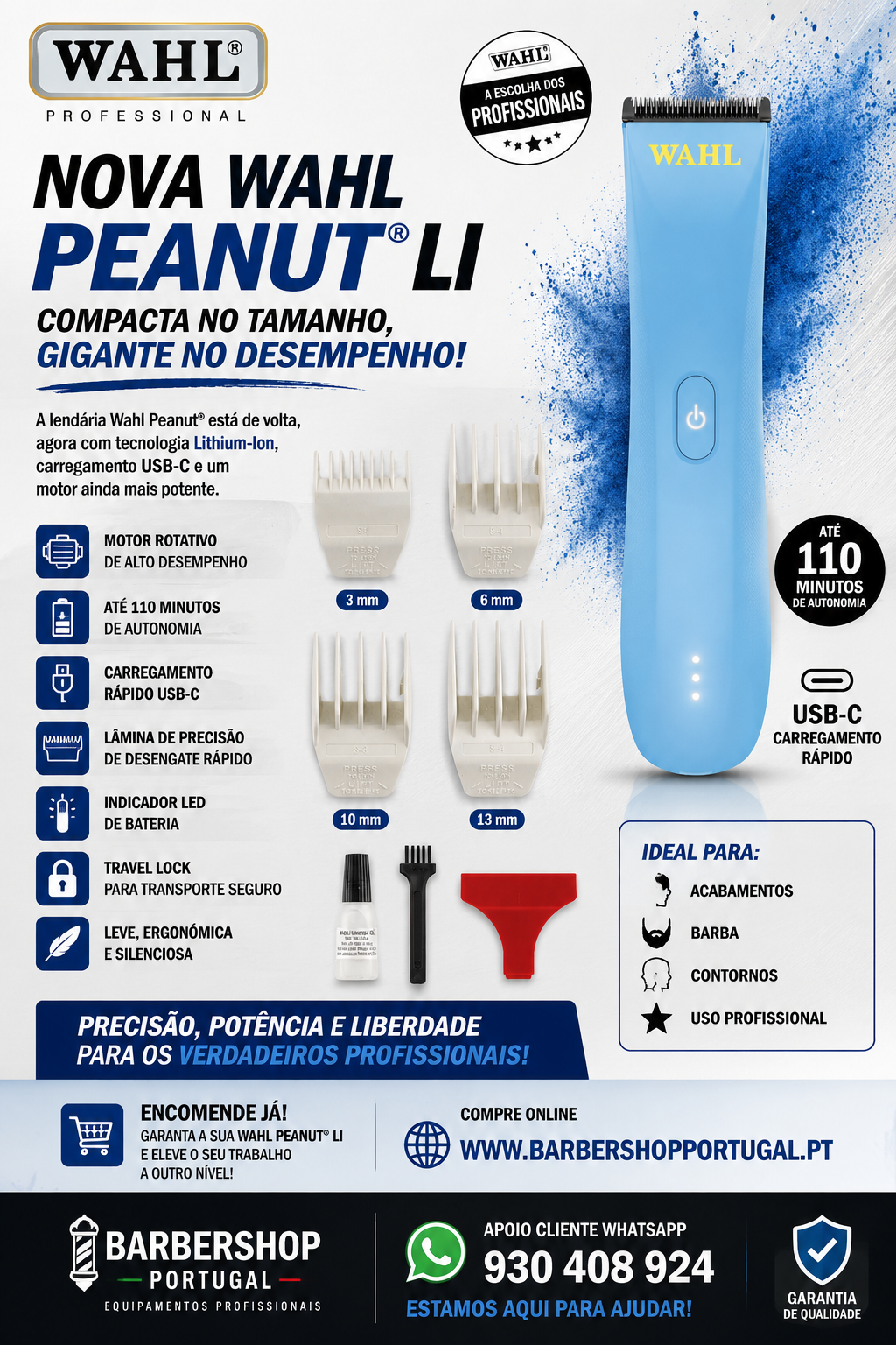 Máquina de cortar cabelo Wahl Peanut Li azul com pentes de corte e acessórios