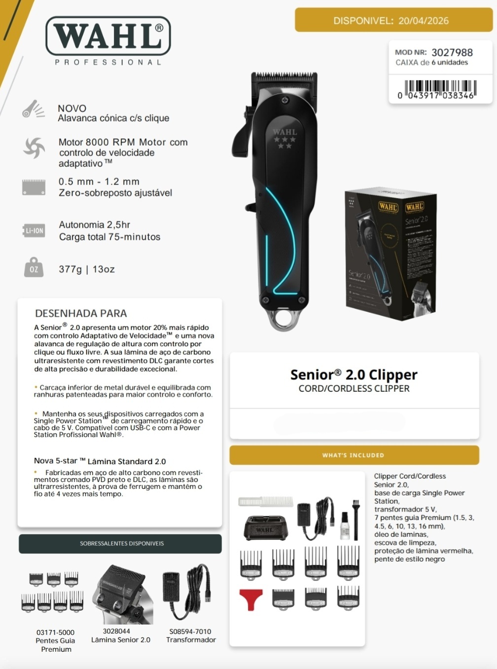 Aparador de cabelo Wahl Senior 2.0 preto com detalhes azuis e seus acessórios