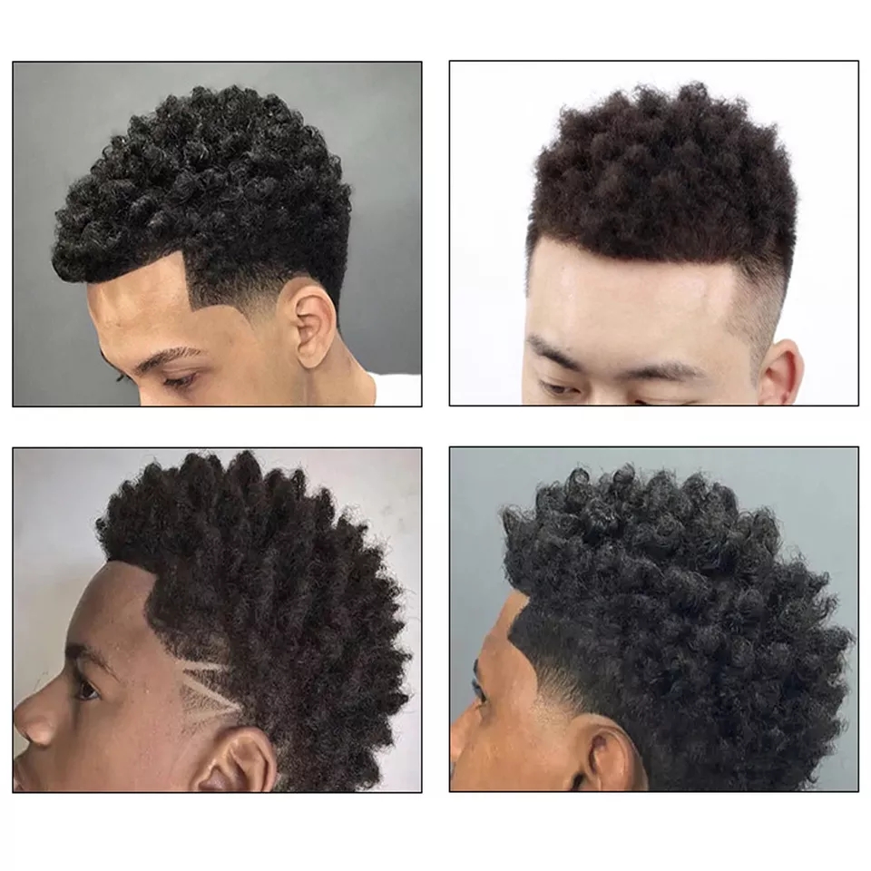 Quatro cortes de cabelo masculino encaracolado com diferentes estilos e desenhos nas laterais