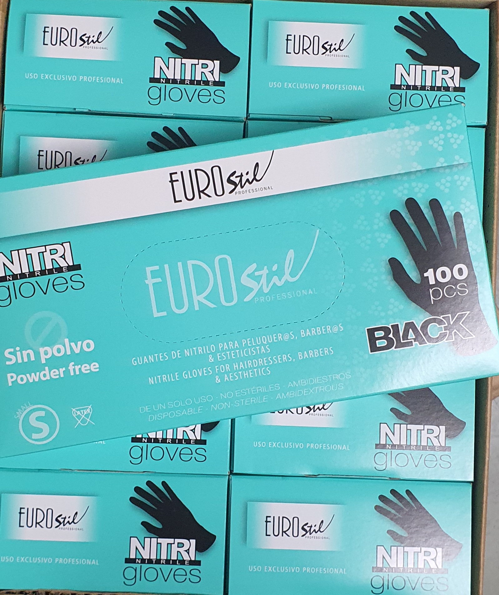 Caixas azuis de luvas de nitrilo pretas EUROstil para uso profissional