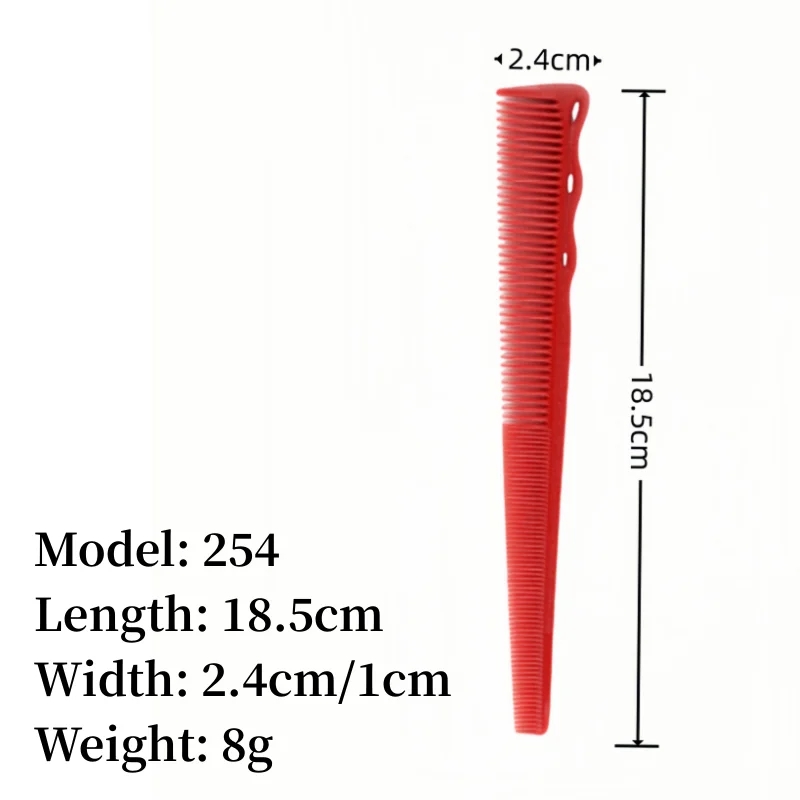 Pente vermelho de plástico com medidas indicadas e texto informativo