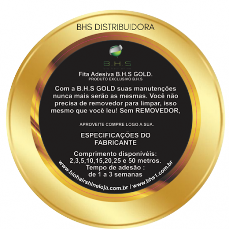 Fita adesiva dourada B.H.S Gold com rótulo preto e texto informativo em português