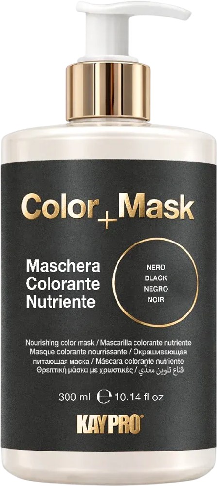 Frasco com doseador branco e ouro, rótulo preto e dourado de máscara capilar Color Mask
