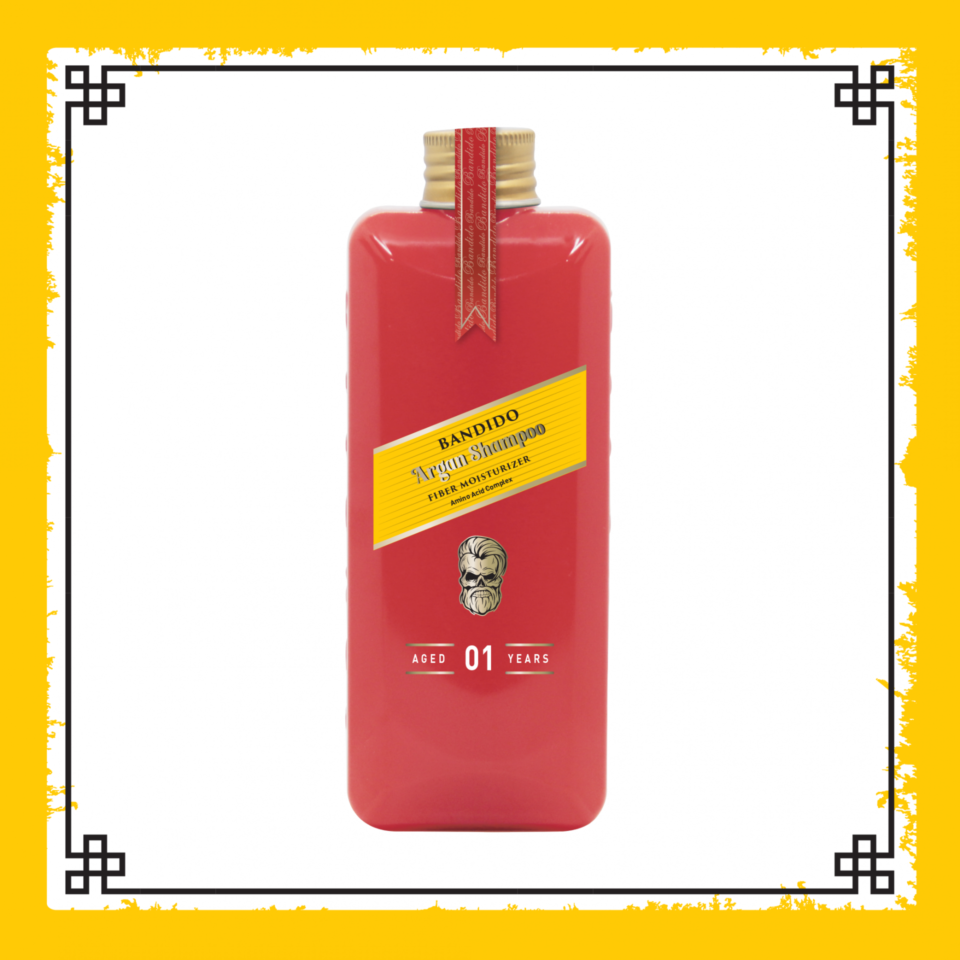 Frasco vermelho de champô Bandidó Argan Shampoo com etiqueta amarela e tampa dourada