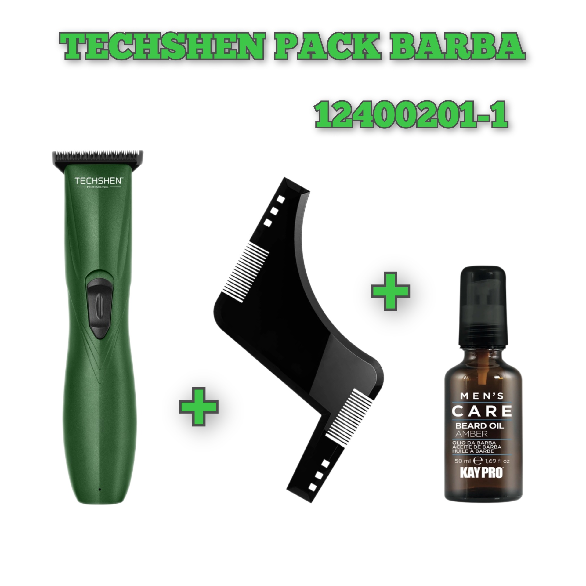 Conjunto de cuidados para barba com aparador verde, pente preto e óleo de barba