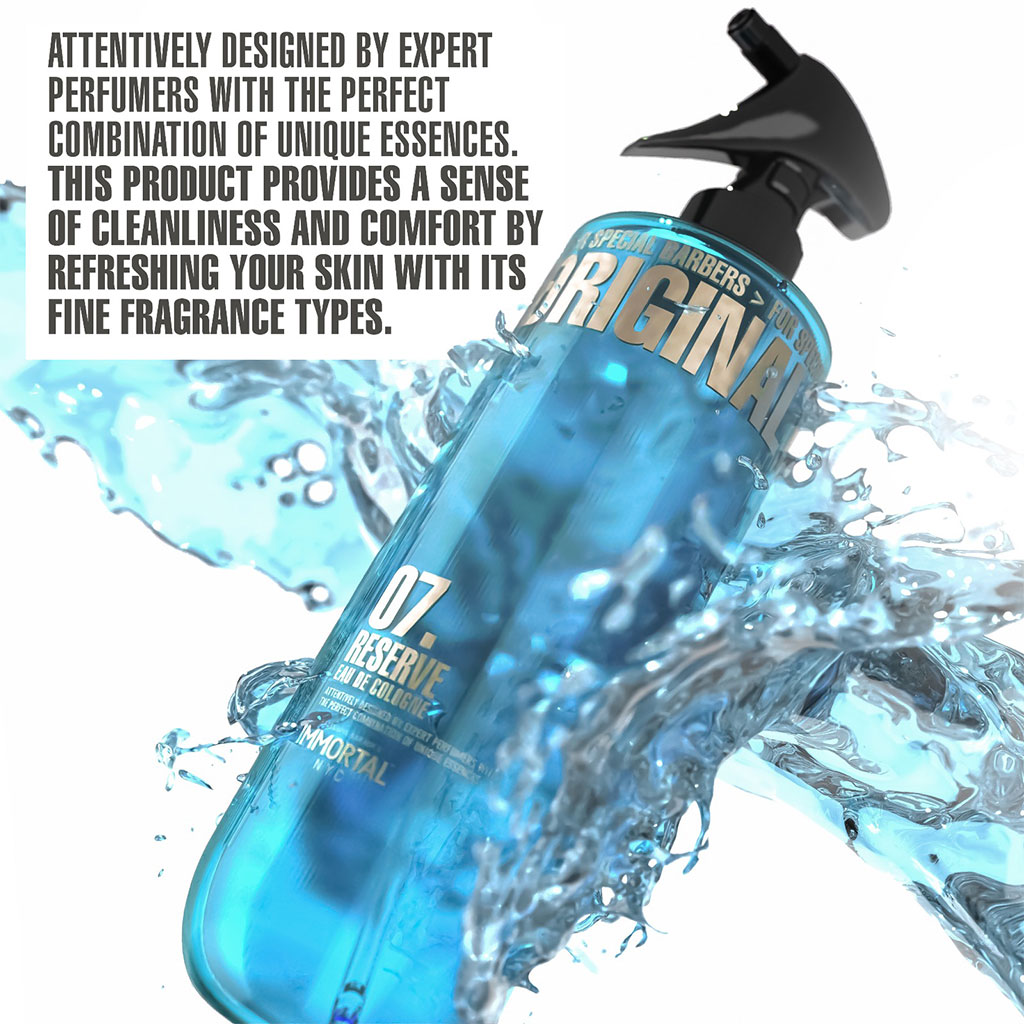 Frasco azul com pulverizador preto e texto promocional sobre água