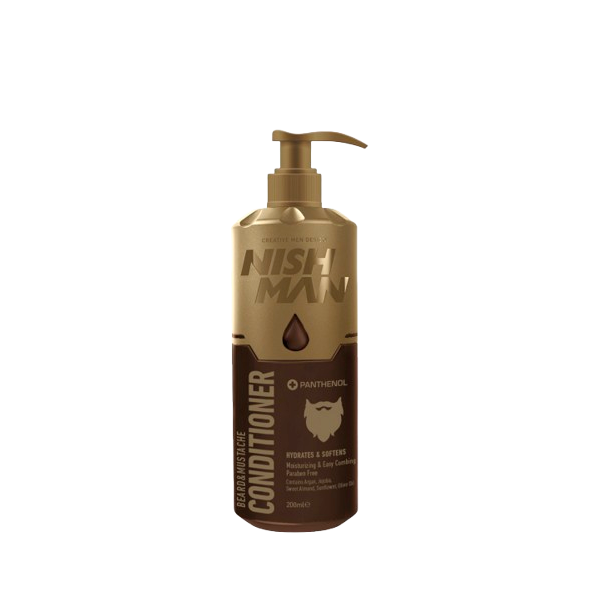 Frasco doseador dourado e castanho de condicionador para barba NISH MAN