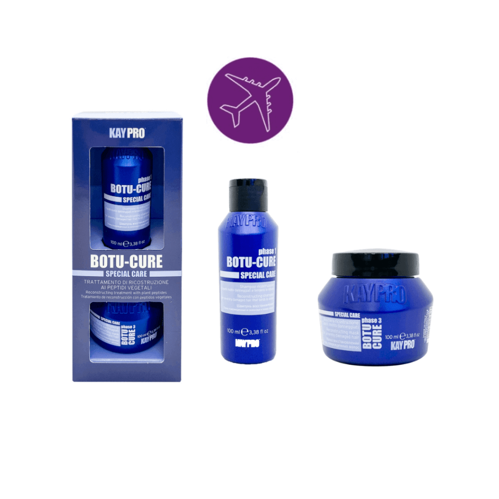Produtos cosméticos KAYPRO BOTU-CURE em frasco e pote azuis com embalagem azul