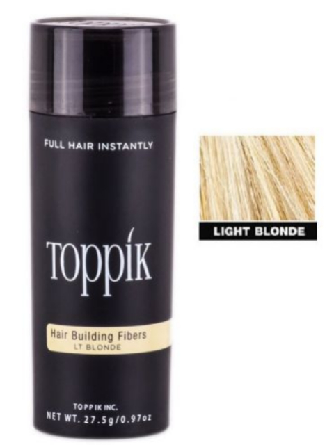 Frasco preto de fibras para cabelo Toppik LOIRO CLARO com amostra de cor