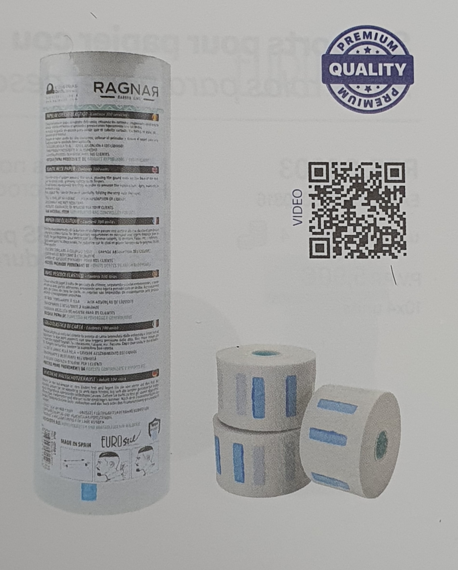 Embalagem cilíndrica branca e três rolos de etiquetas azuis e brancas com selo de qualidade e código QR