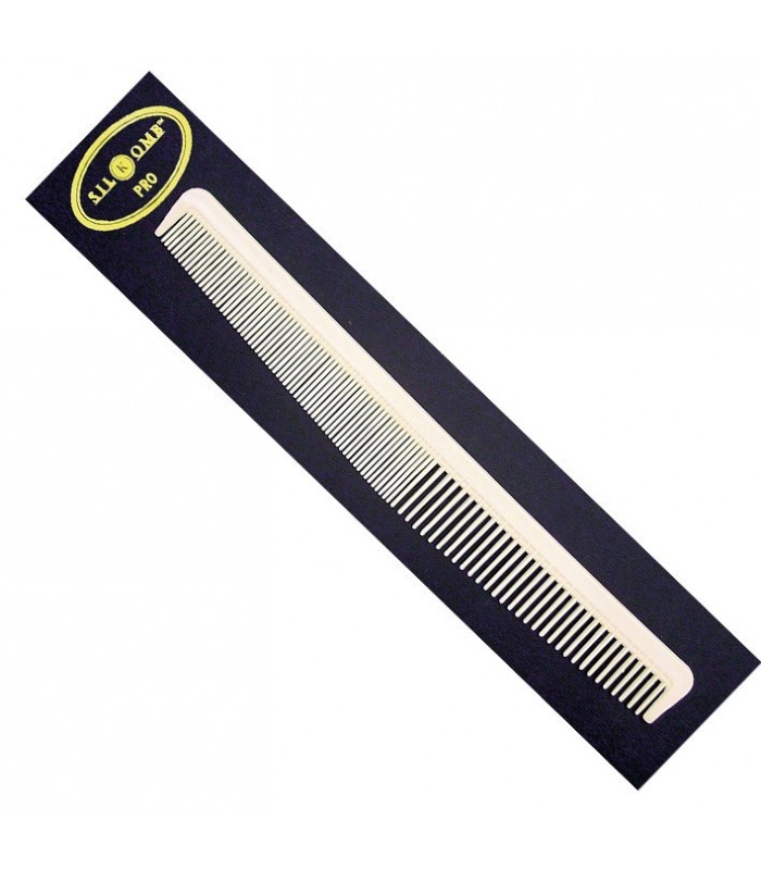 Pente branco em embalagem preta com texto amarelo