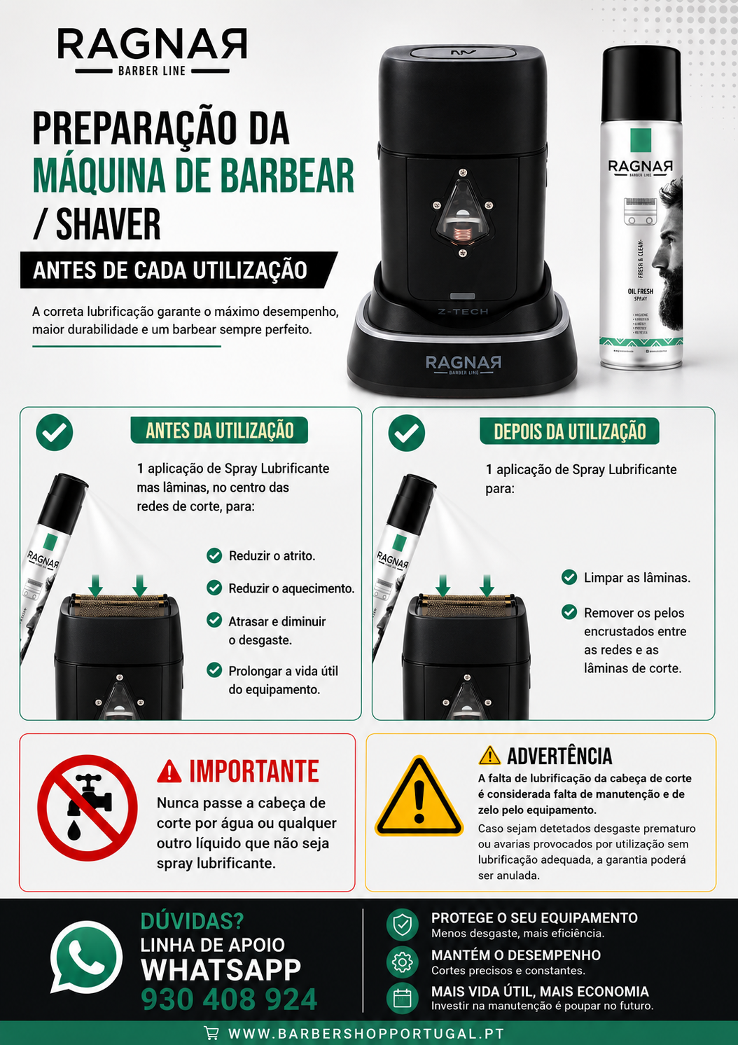 Máquina de barbear RAGNAЯ preta com spray lubrificante e instruções de uso em português