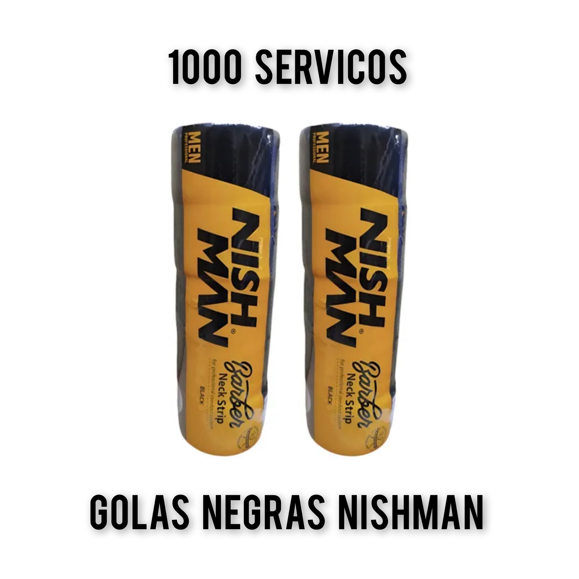 Dois rolos de tiras para pescoço para barbearia embalados em plástico preto e amarelo com texto NISH MAN