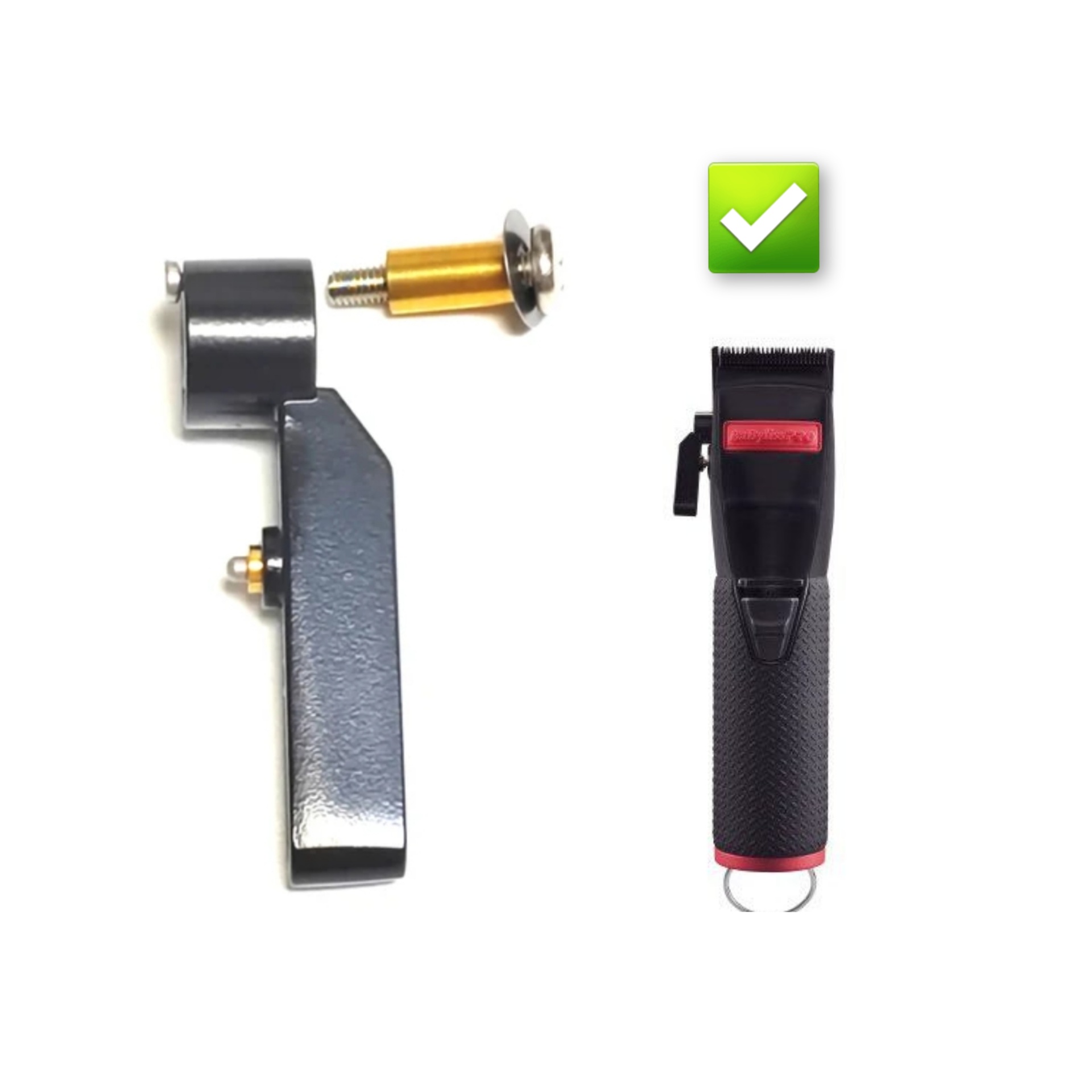 Ferramenta metálica e máquina de cortar cabelo preta com detalhes vermelhos e ícone verde de confirmação
