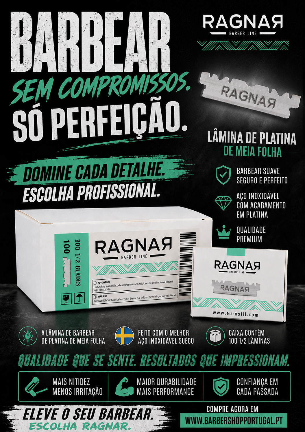 Embalagem branca com lâminas de barbear RAGNAR e texto promocional em português