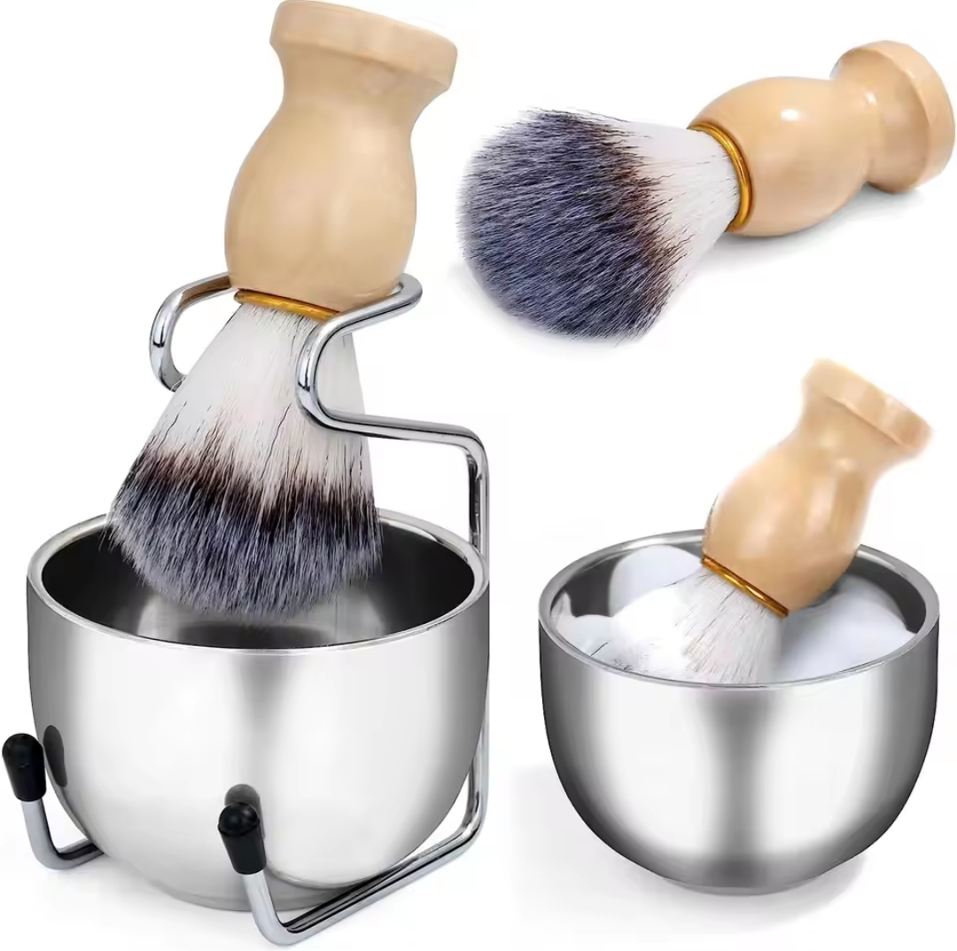 Escova de barbear de madeira e aço inoxidável com espuma de barbear