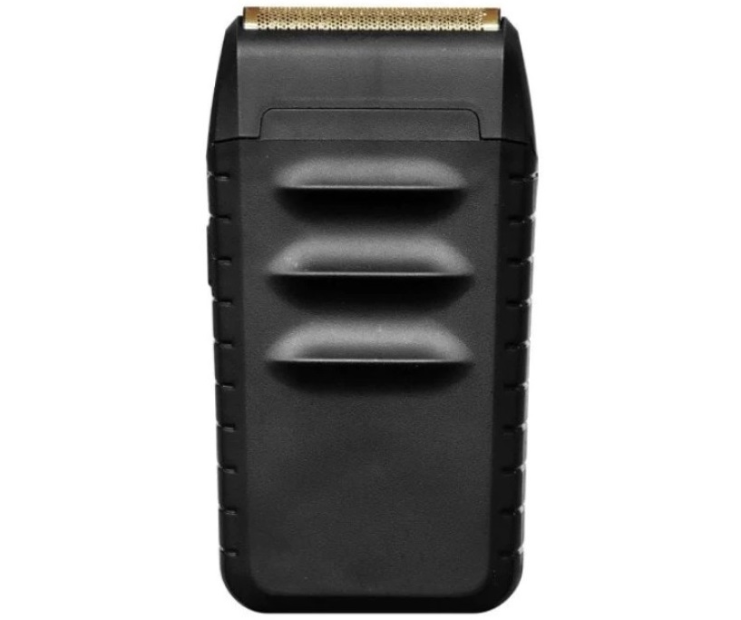 Aparelho de barbear elétrico preto com lâmina dourada