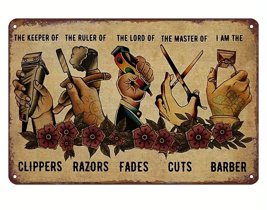 Placa decorativa em metal com mãos segurando utensílios de barbear e texto em inglês