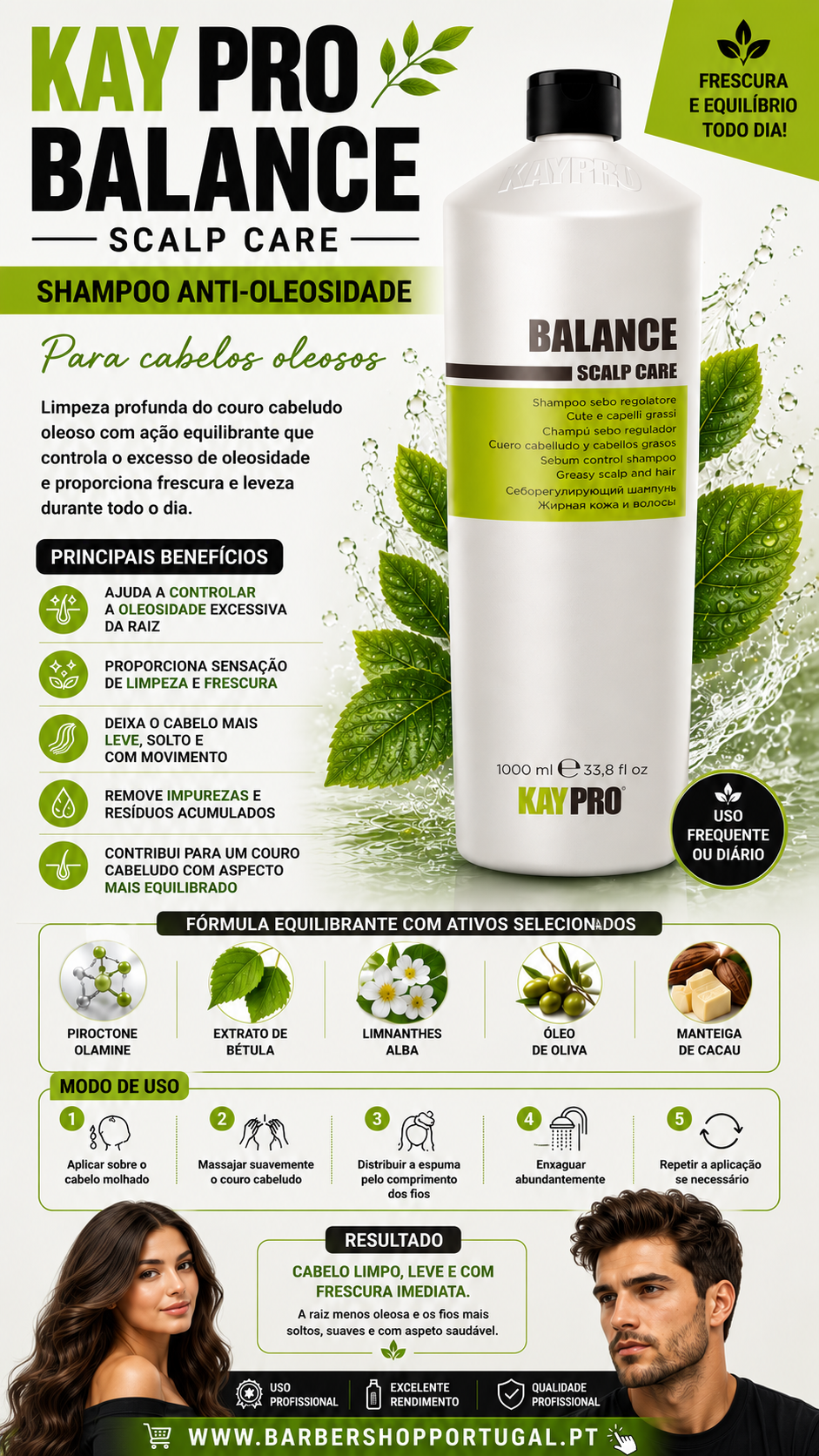 Embalagem de shampoo KayPro Balance Scalp Care anti-oleosidade com texto informativo e imagens de folhas e pessoas.
