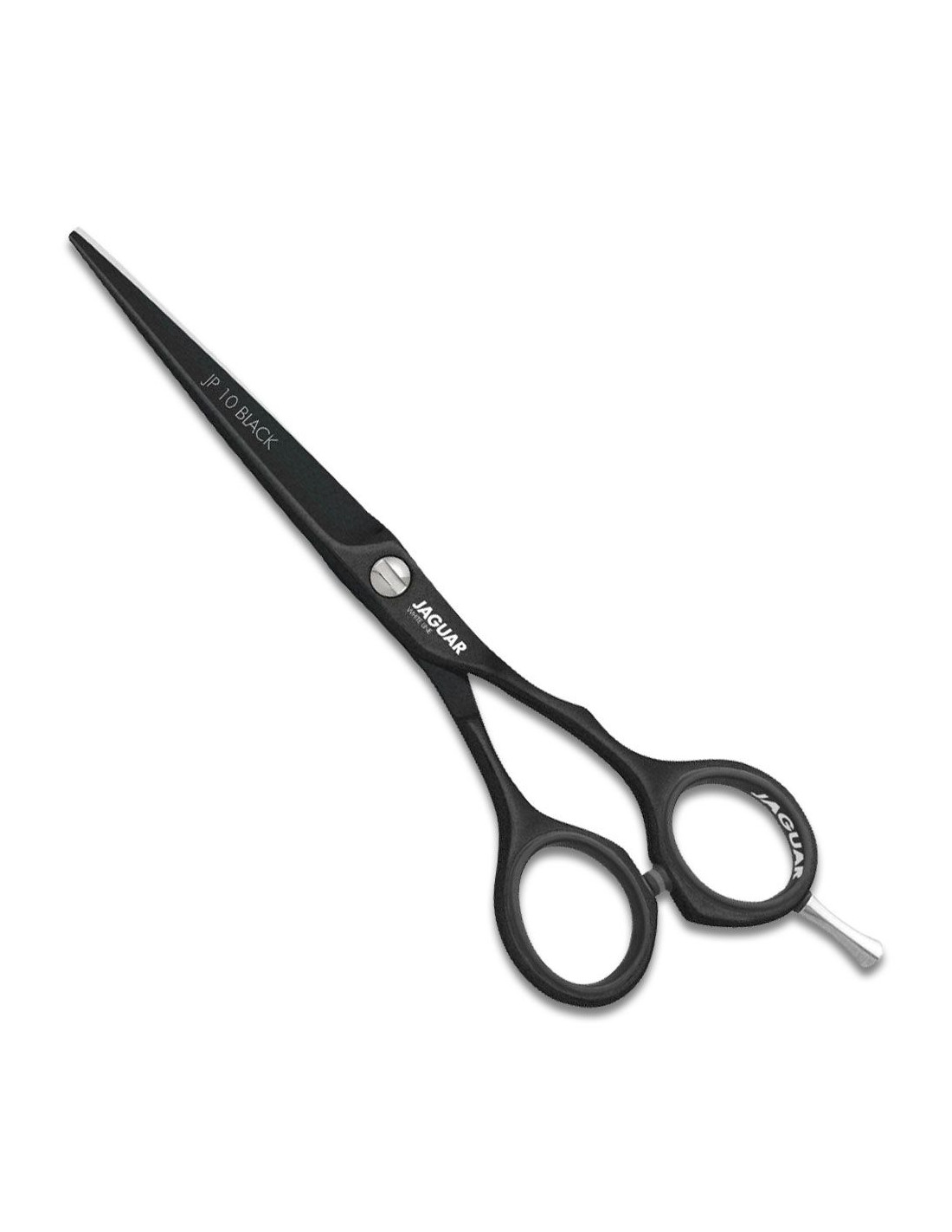 Tesoura de corte preta com cabo ergonómico e texto visível, sobre fundo branco