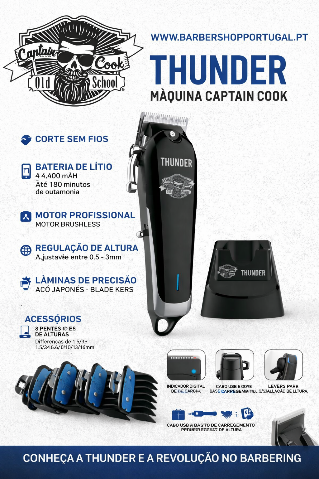 Máquina de cortar cabelo preta Thunder com acessórios e descrições técnicas