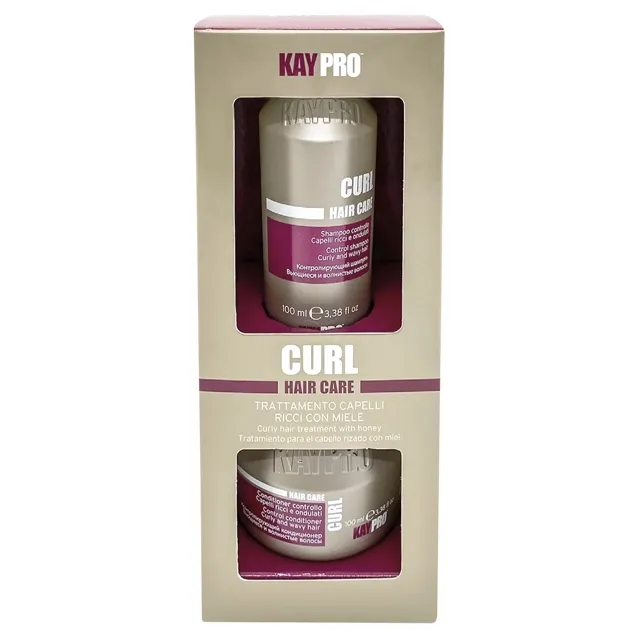 Conjunto de tratamento capilar Kay Pro Curl com frasco e creme em embalagem bege.