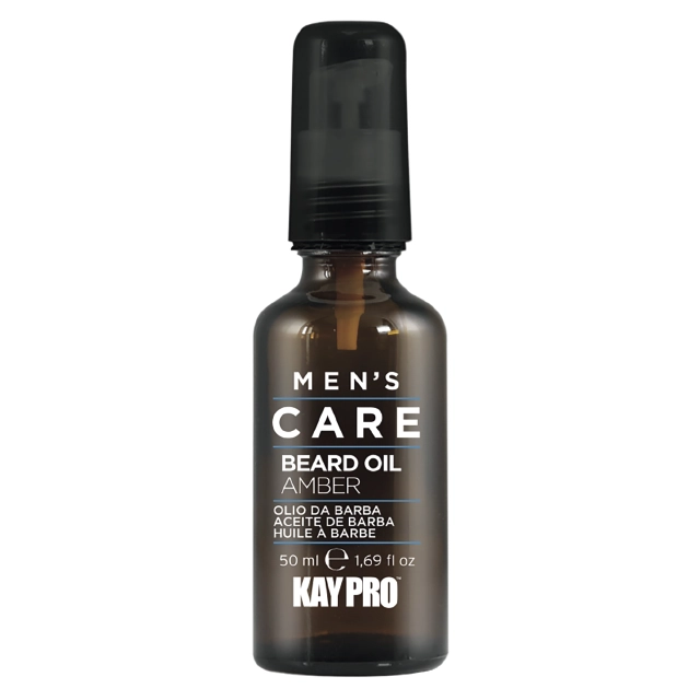 frasco de óleo para barba KAY PRO, vidro castanho com tampa preta e texto branco