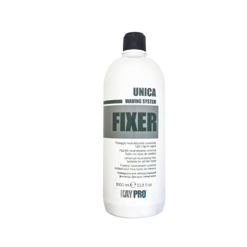 Garrafa branca com tampa preta de produto fixador KAY PRO UNICA WAVING SYSTEM