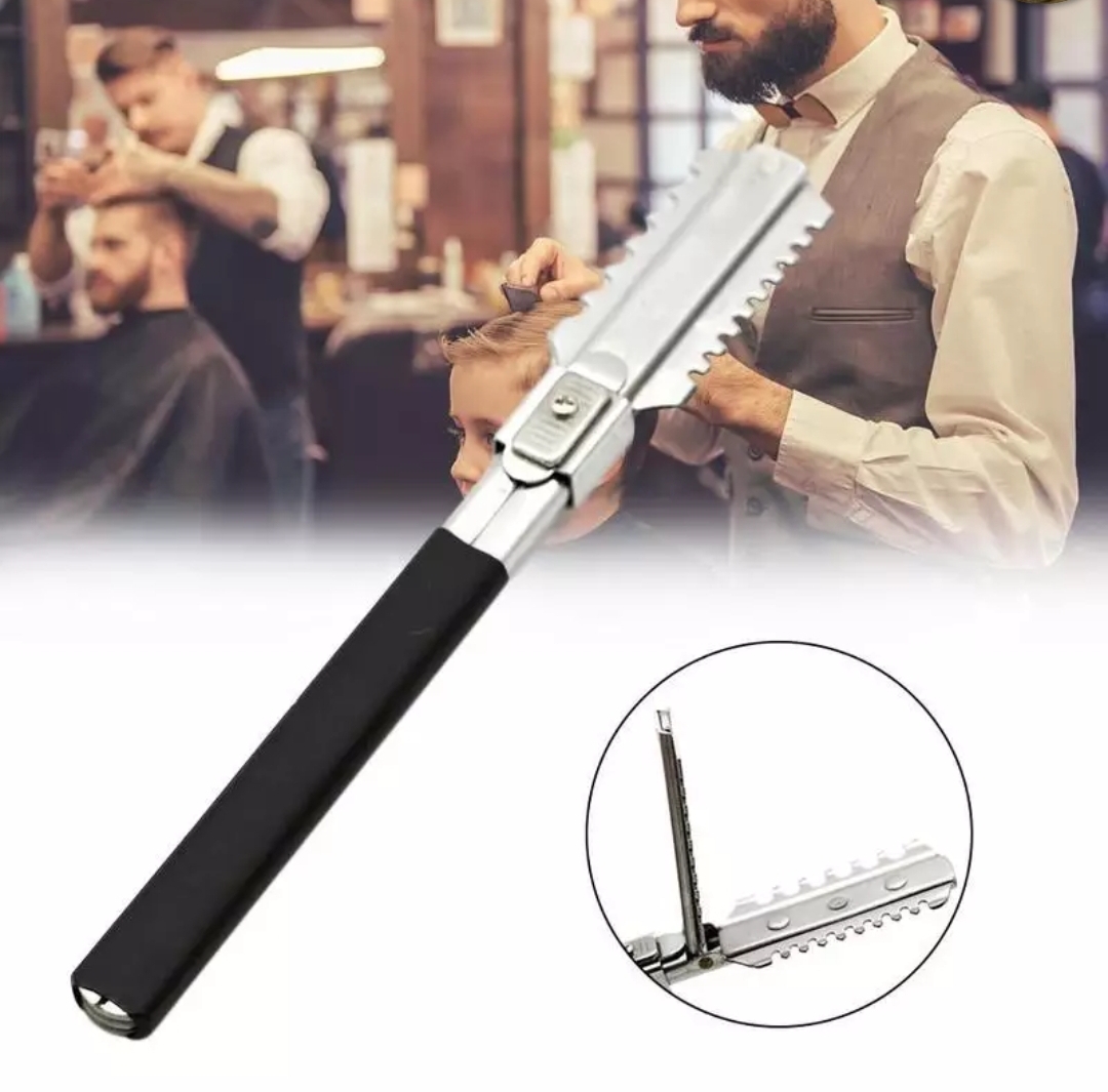 Navalha desfiadora de cabelo com cabo preto e lâmina metálica prateada