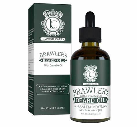 Frasco e caixa de óleo para barba Brawler's Beard Oil com design verde escuro e branco