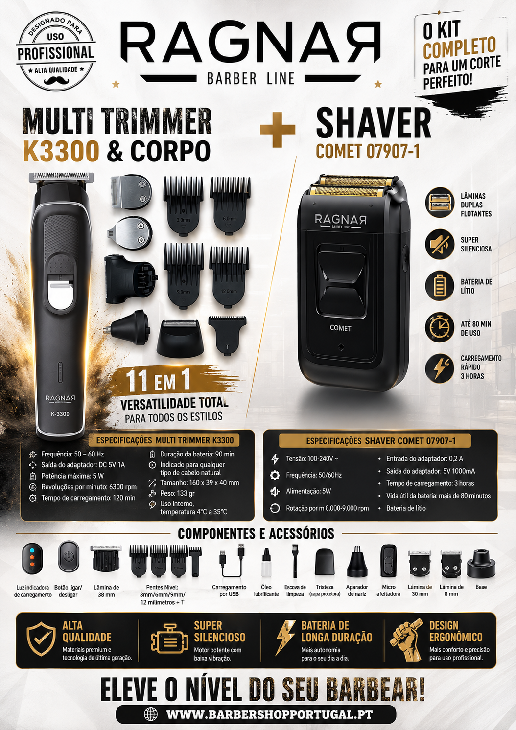 Kit de barbear Ragnarr Barber Line com cortador multi trimmer preto e aparelho de barbear shaver preto com acessórios