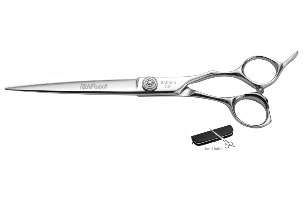 Tesoura de cabelo metálica prateada com bolsa preta