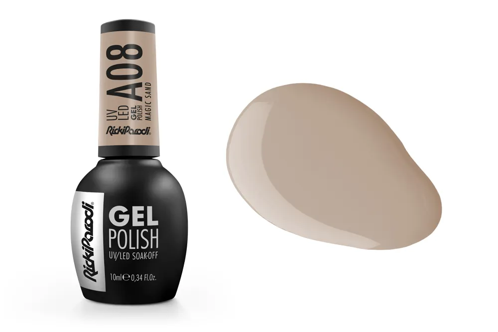 Verniz gel para unhas cor bege neutra com frasco preto e tampa castanha