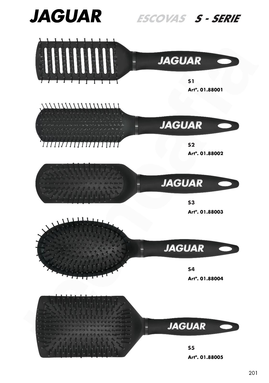 Cinco escovas de cabelo pretas JAGUAR série S com diferentes formatos e textos de referência